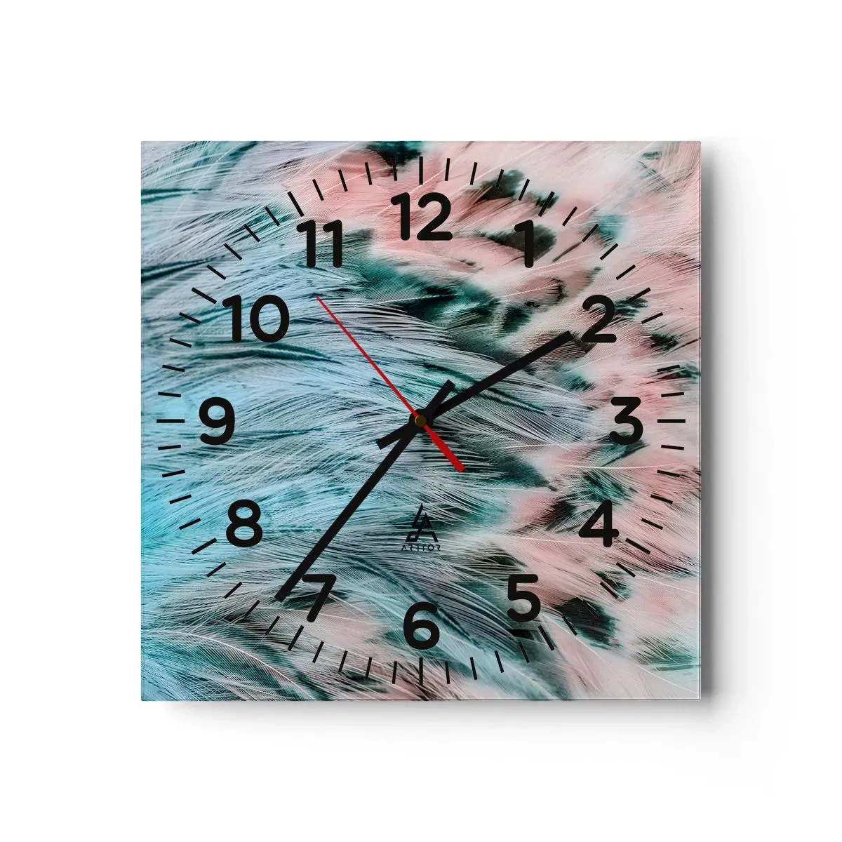 Wall clock - Clock on glass - Sapphire and Pink Feathers - 30x30 cm