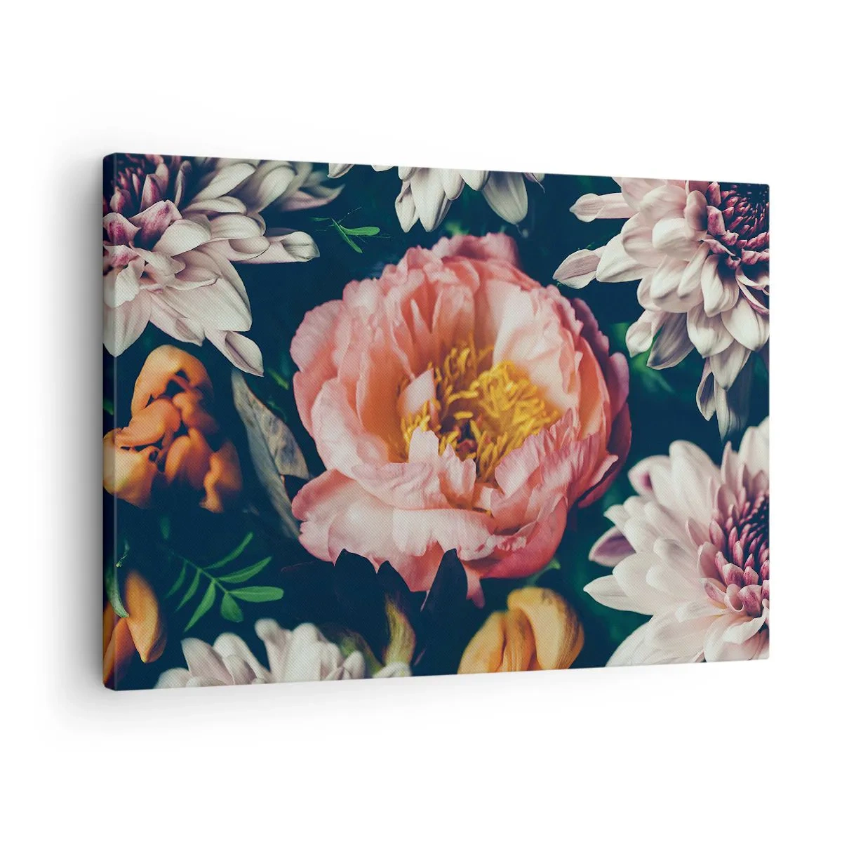 Canvas picture - Floral arrangement with peony and chrysanthemums on a dark background - 70x50cm - In Baroque Style - Modern wall decoration for the living room and bedroom ARTTOR