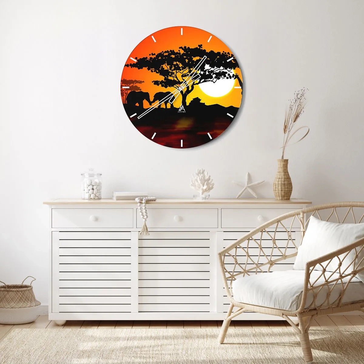 Wall clock - Clock on glass - African landscape with silhouettes of trees and animals at sunset - 30x30cm - Encounter on a Savannah - Modern wall decoration for the living room, kitchen, and bedroom ARTTOR