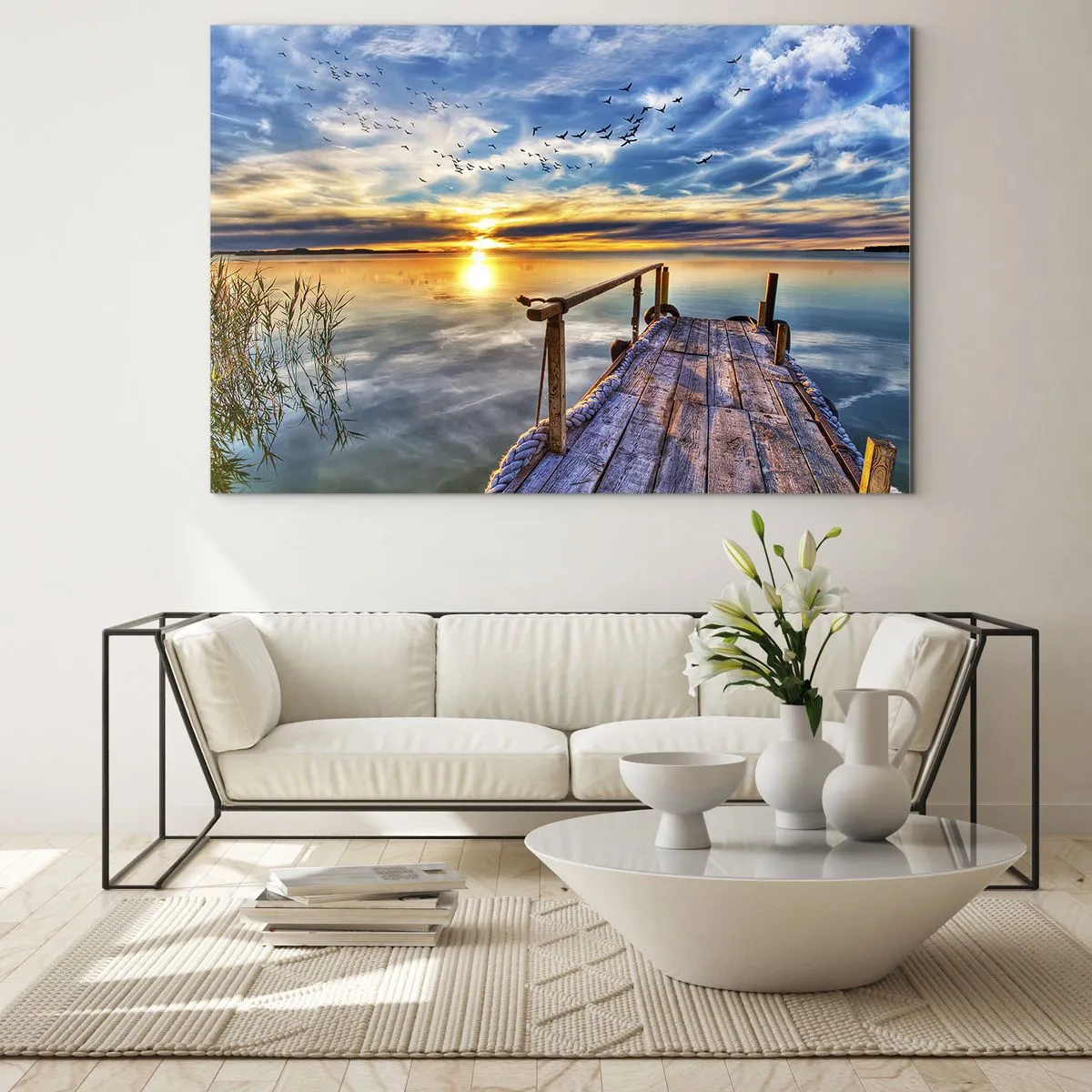 Glass picture - Lakeside Pier at Sunset with Birds in the Sky - 70x50cm - Wind is Taking a Break - Modern wall decoration for the living room and bedroom ARTTOR