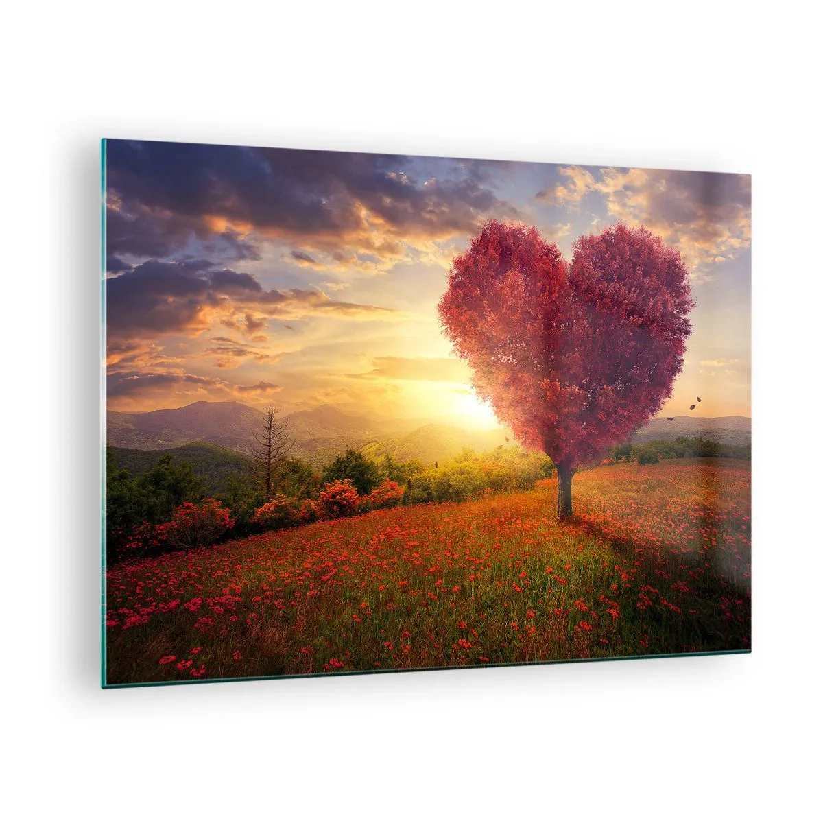 Glass picture - A heart-shaped tree in a field at sunset - 70x50cm - Heart Wrenching - Modern wall decoration for the living room and bedroom ARTTOR
