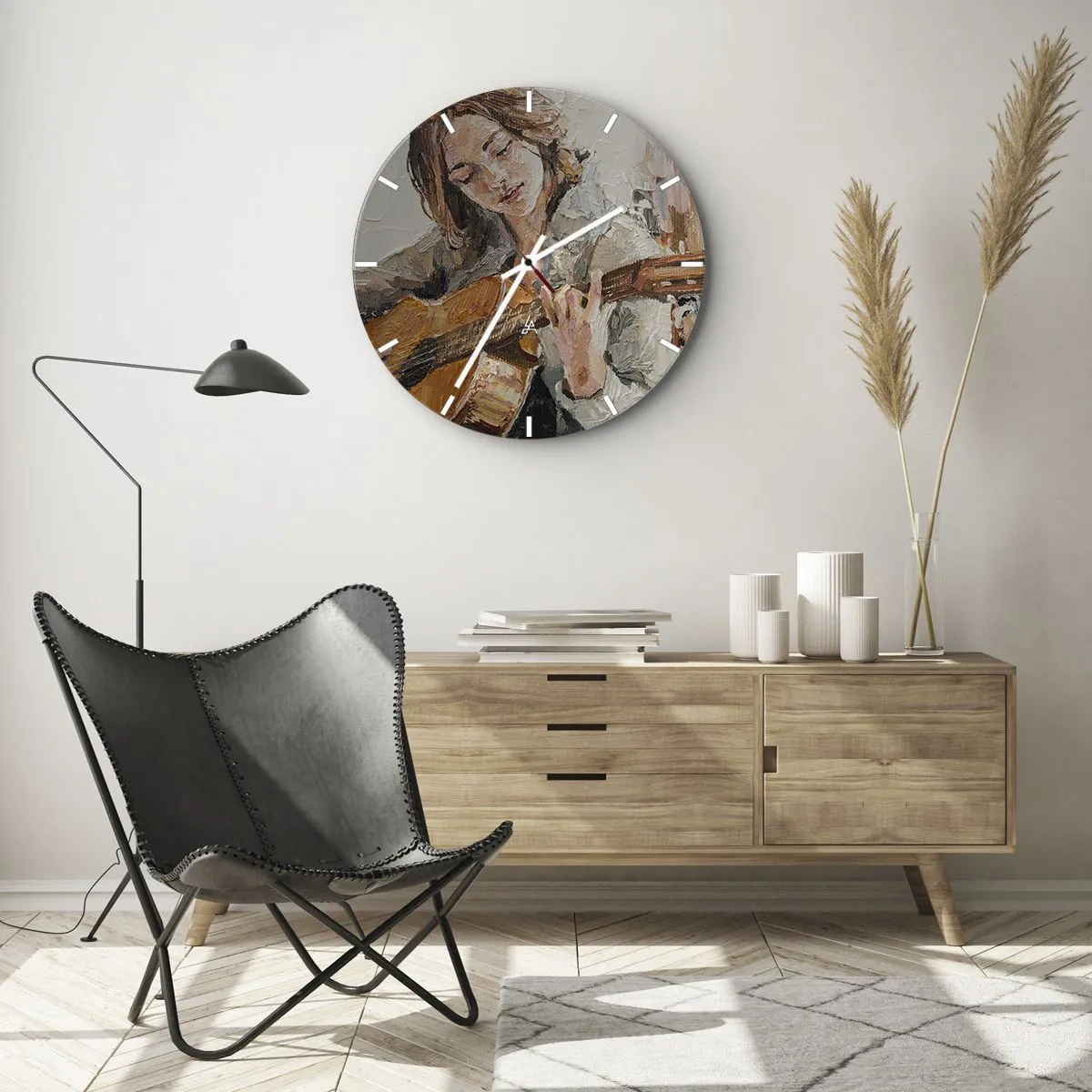 Wall clock - Clock on glass - Portrait of a woman playing the guitar in a painterly style - 30x30cm - Concert for Guitar and Girly Heart - Modern wall decoration for the living room, kitchen, and bedroom ARTTOR