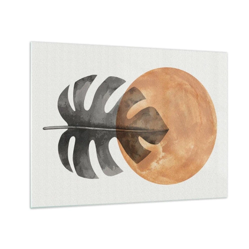 Glass picture - Monstera leaf and orange circle in graphic style on white background. - 70x50cm - Always the Sun - Modern wall decoration for the living room and bedroom ARTTOR