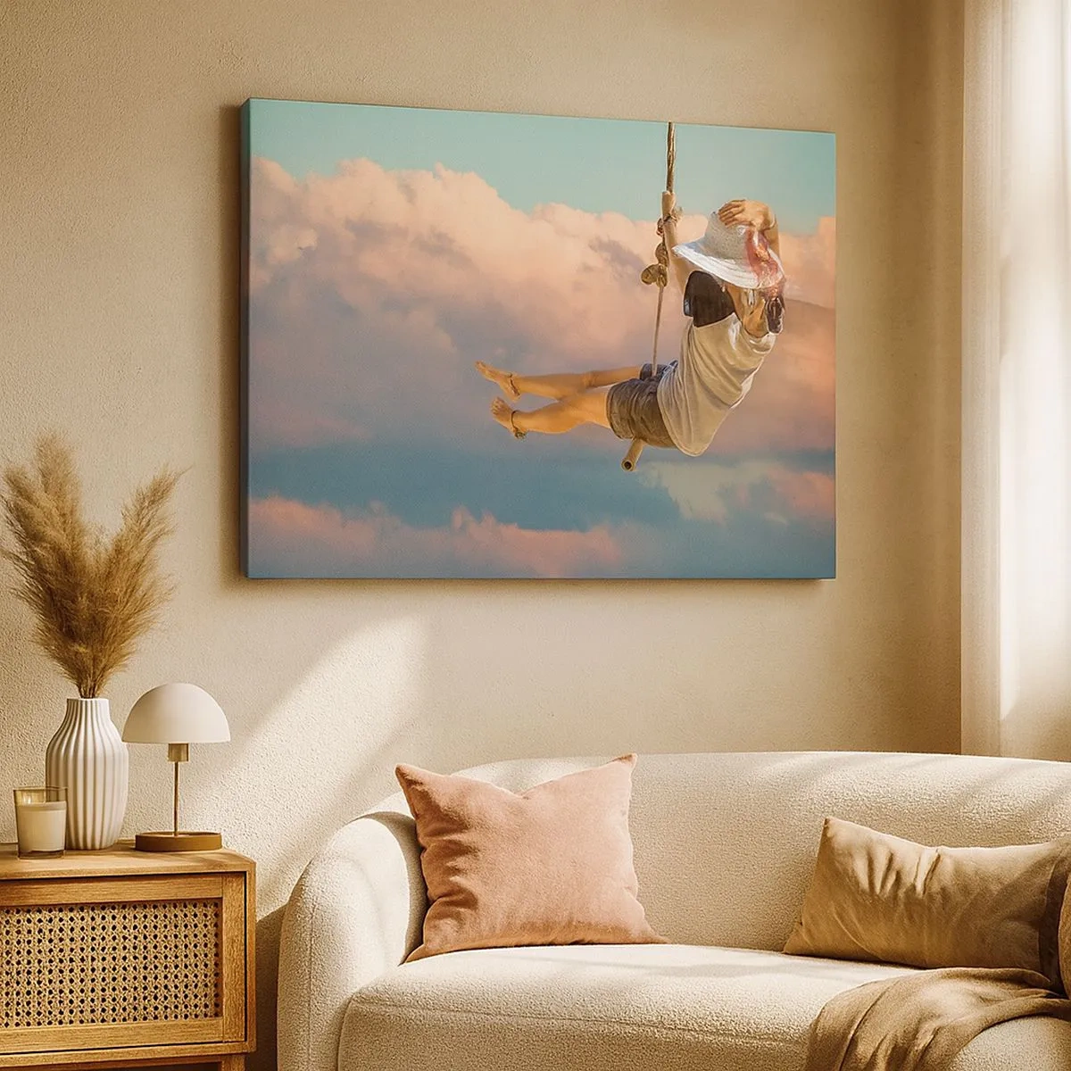 Canvas picture - Woman on a swing among pink clouds - 70x50cm - Fun in the Clouds - Modern wall decoration for the living room and bedroom ARTTOR