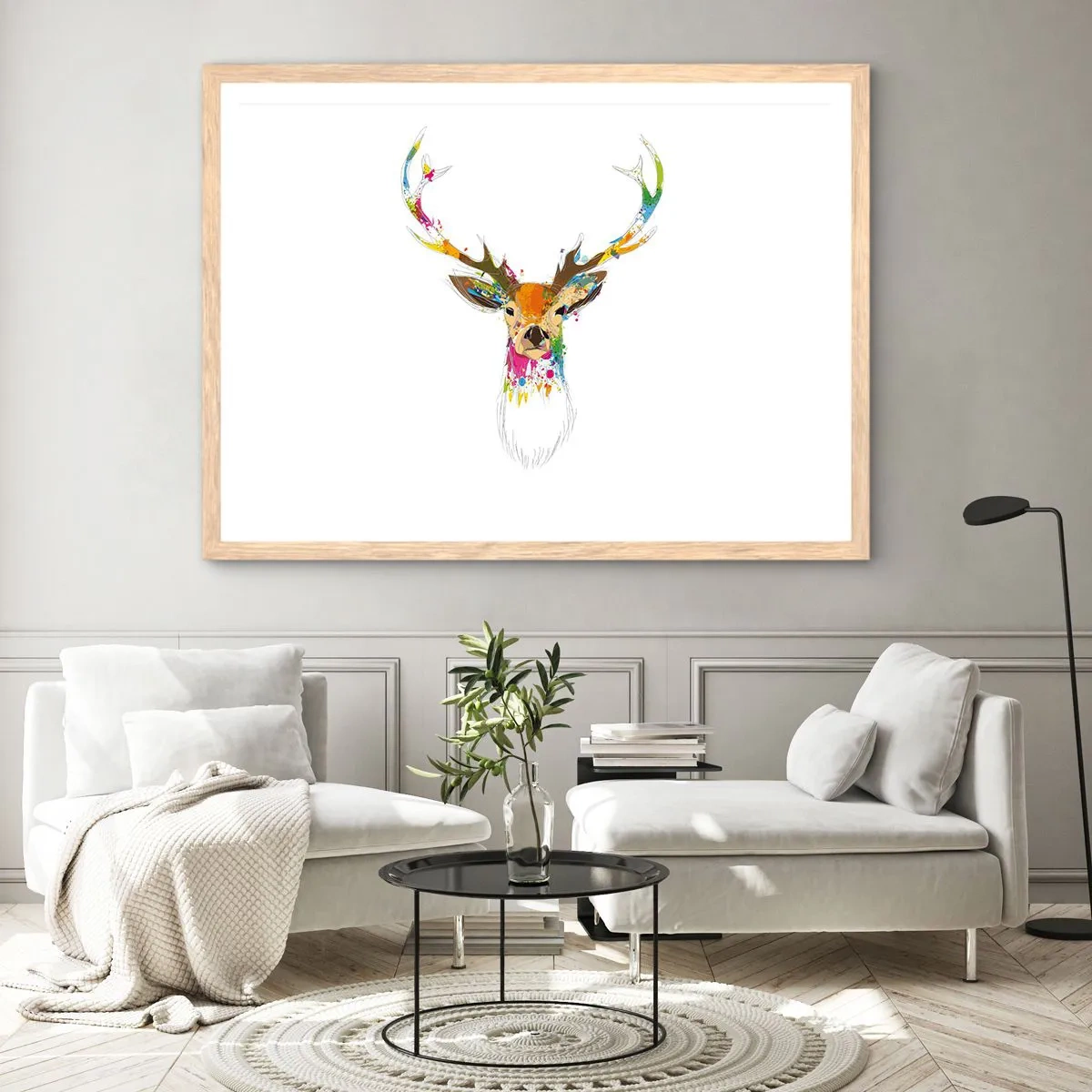 Poster in light oak frame - Deer Bathed in Colour - 70x50 cm