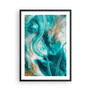 Poster in black frame - An abstract composition in shades of turquoise and gold. - 50x70cm - River of Gold - Modern wall decoration for the living room and bedroom ARTTOR