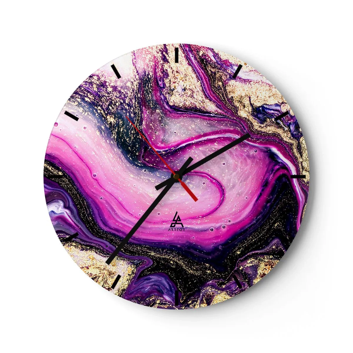 Wall clock - Clock on glass - An abstract pattern in shades of purple and gold with a swirling motif. - 30x30cm - Behind the Scenes - Modern wall decoration for the living room, kitchen, and bedroom ARTTOR
