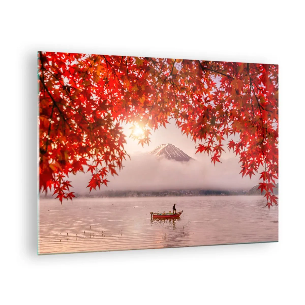 Glass picture - Mount Fuji with a boat on a lake surrounded by red leaves - 70x50cm - In Japanese Style - Modern wall decoration for the living room and bedroom ARTTOR