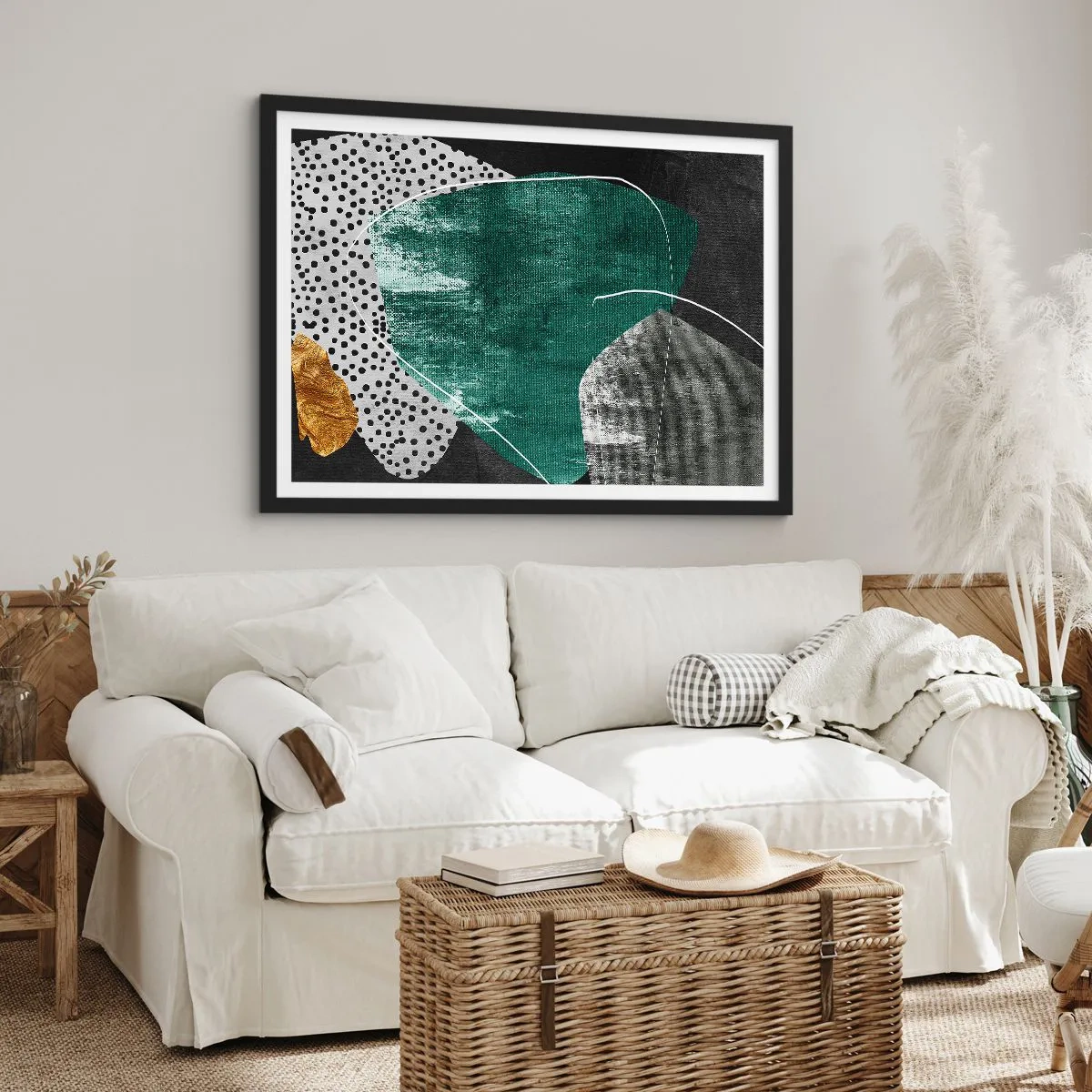 Poster in black frame - Colourful Abstract with a Golden Petal - 70x50 cm
