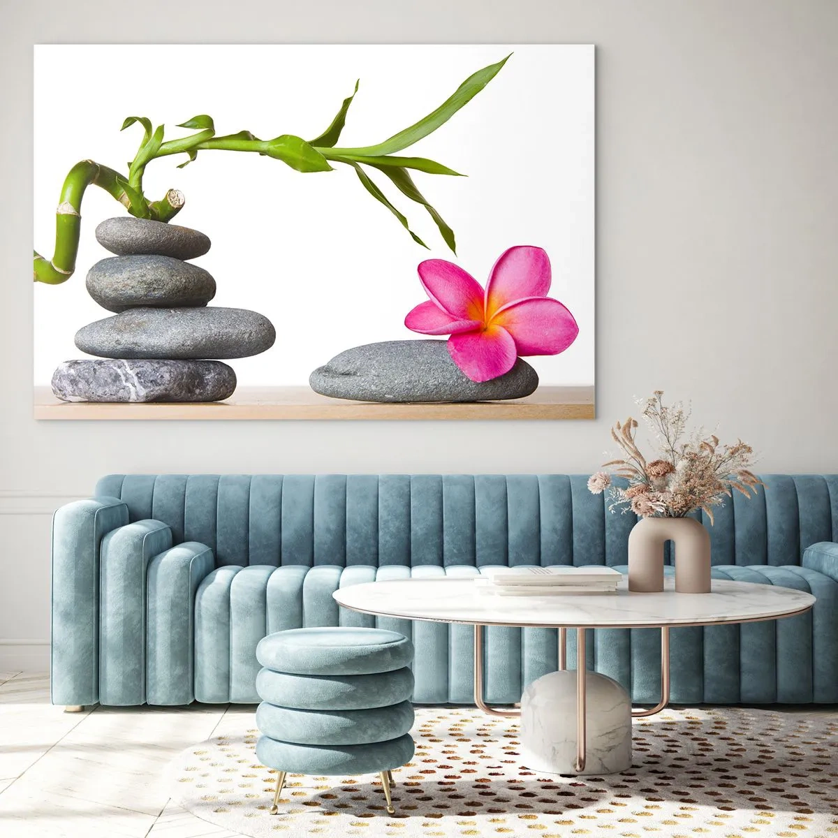 Glass picture - Bamboo, pink flower and stones on a white background - 70x50cm - Colours of Life - Modern wall decoration for the living room and bedroom ARTTOR