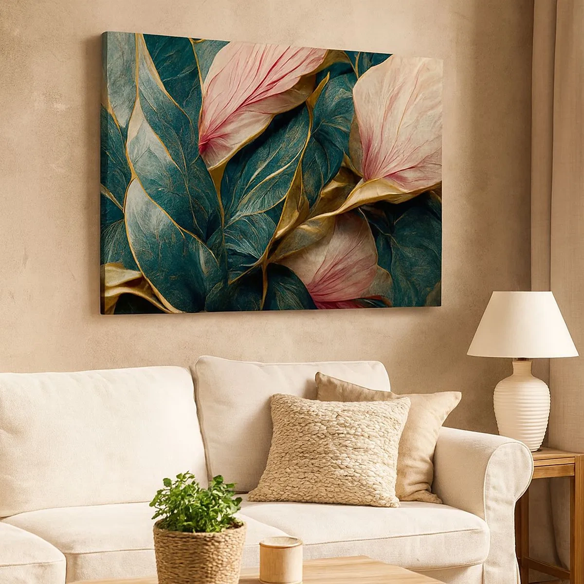 Canvas picture - Elegant leaves in green, gold and pink - 70x50cm - Natural Elegance and Style - Modern wall decoration for the living room and bedroom ARTTOR