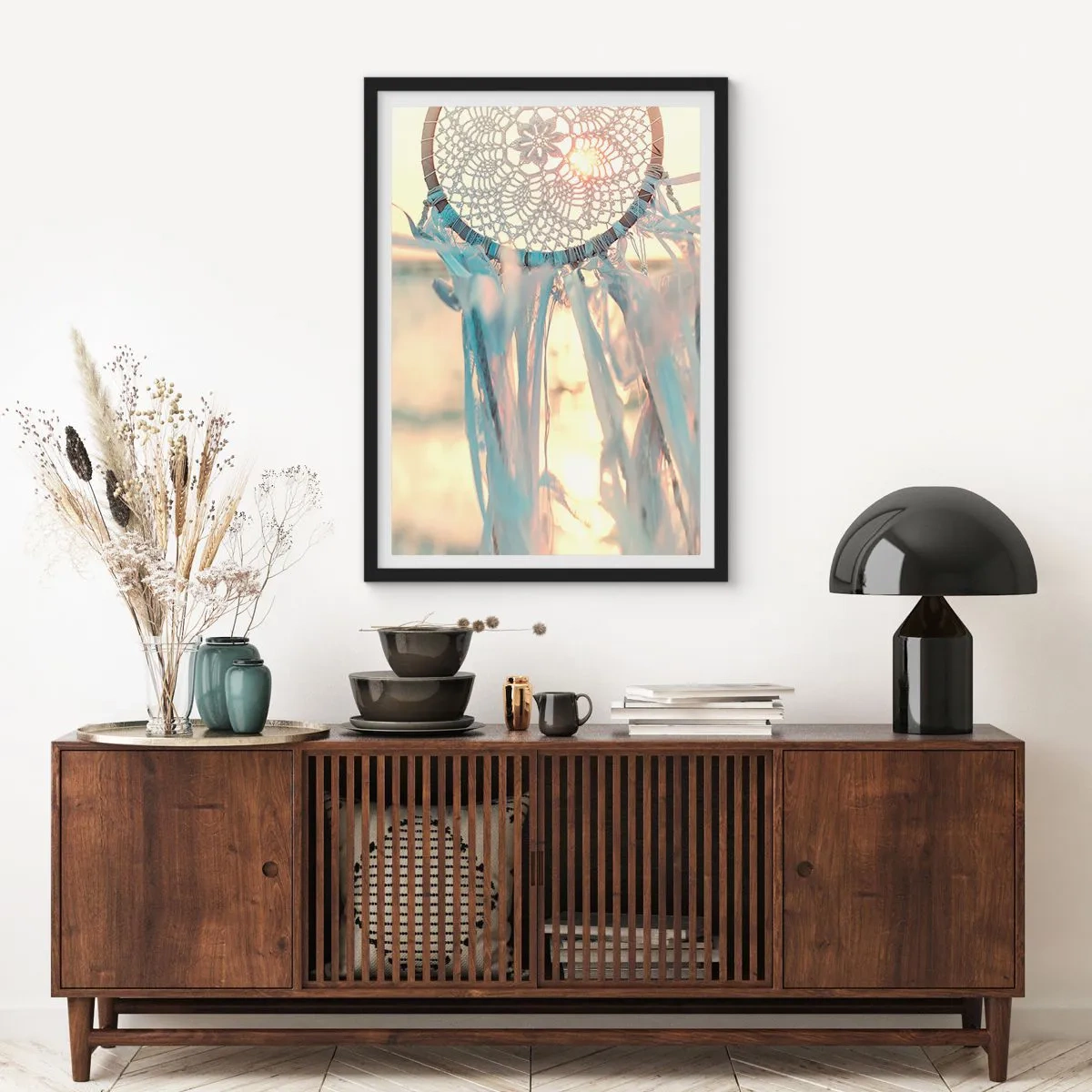 Poster in black frame - A lace dream catcher in the glow of the setting sun, with a light background - 50x70cm - Lace Totem - Modern wall decoration for the living room and bedroom ARTTOR