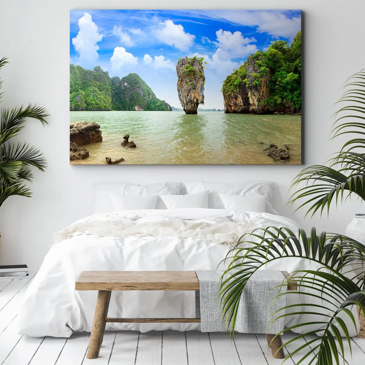 Canvas picture - An exotic rock formation surrounded by water and greenery under a blue sky. - 70x50cm - Rocky Oddities of Nature - Modern wall decoration for the living room and bedroom ARTTOR