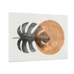 Glass picture - Monstera leaf and orange circle in graphic style on white background. - 70x50cm - Always the Sun - Modern wall decoration for the living room and bedroom ARTTOR