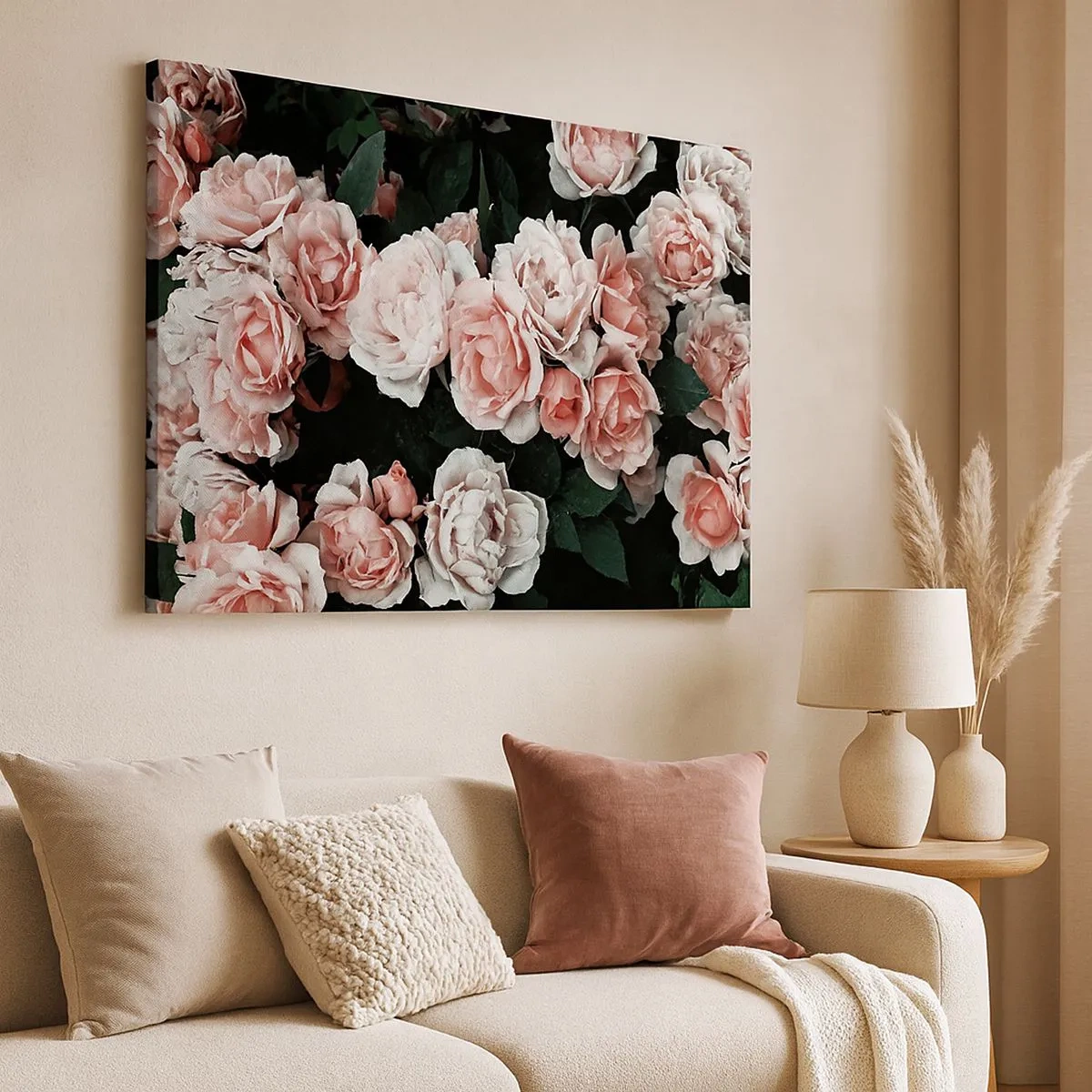 Canvas picture - Pink roses on a dark background in a subtle composition - 70x50cm - Rose Ensemble - Modern wall decoration for the living room and bedroom ARTTOR