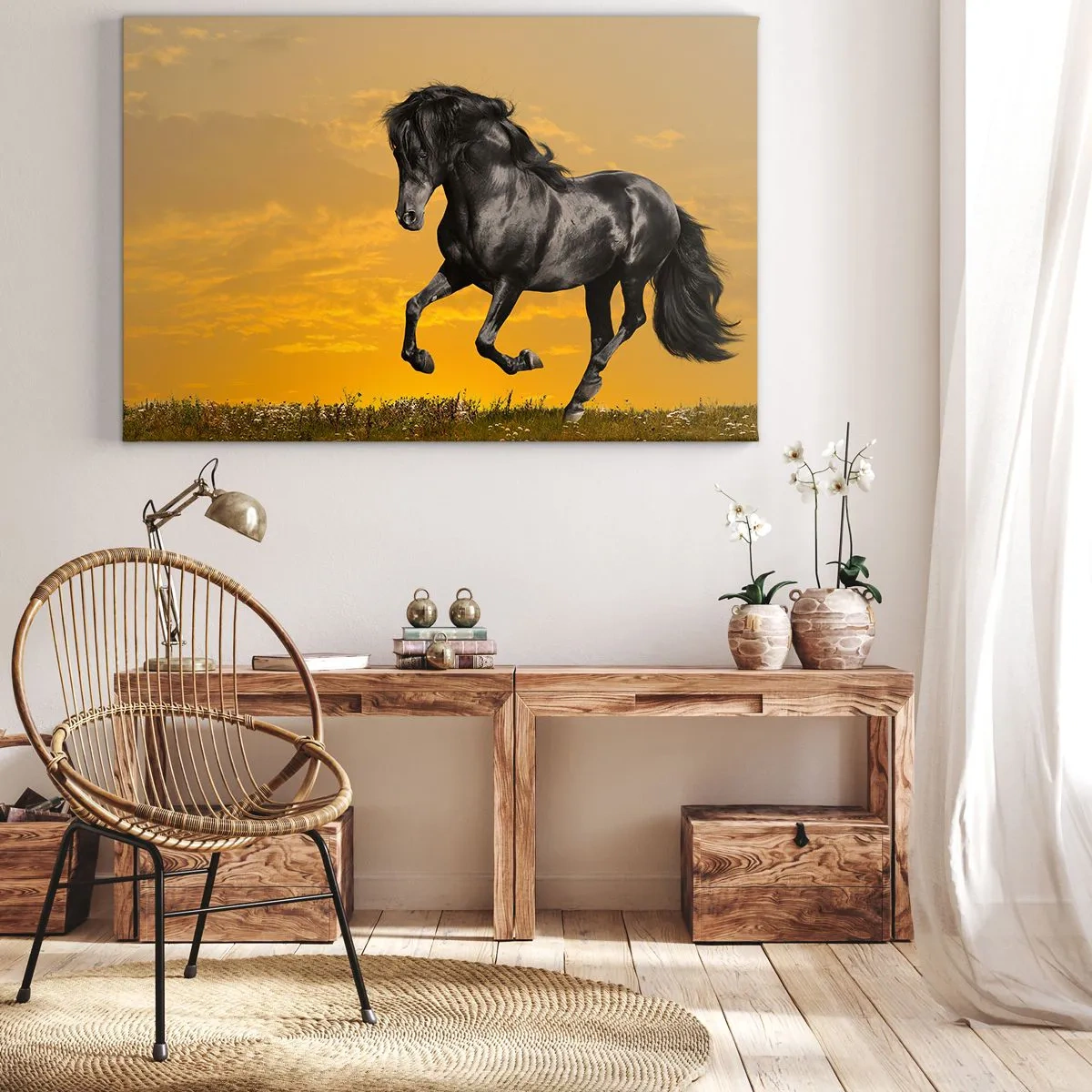 Canvas picture - A black horse gallops against the backdrop of a golden sunset. - 70x50cm - Beautiful, Free and Wild - Modern wall decoration for the living room and bedroom ARTTOR