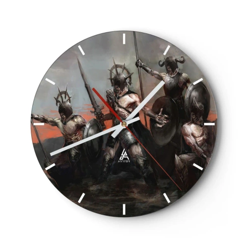 Wall clock - Clock on glass - A group of armored warriors with shields and spears in a dynamic scene - 30x30cm - With Your Shield Or on It - Modern wall decoration for the living room, kitchen, and bedroom ARTTOR