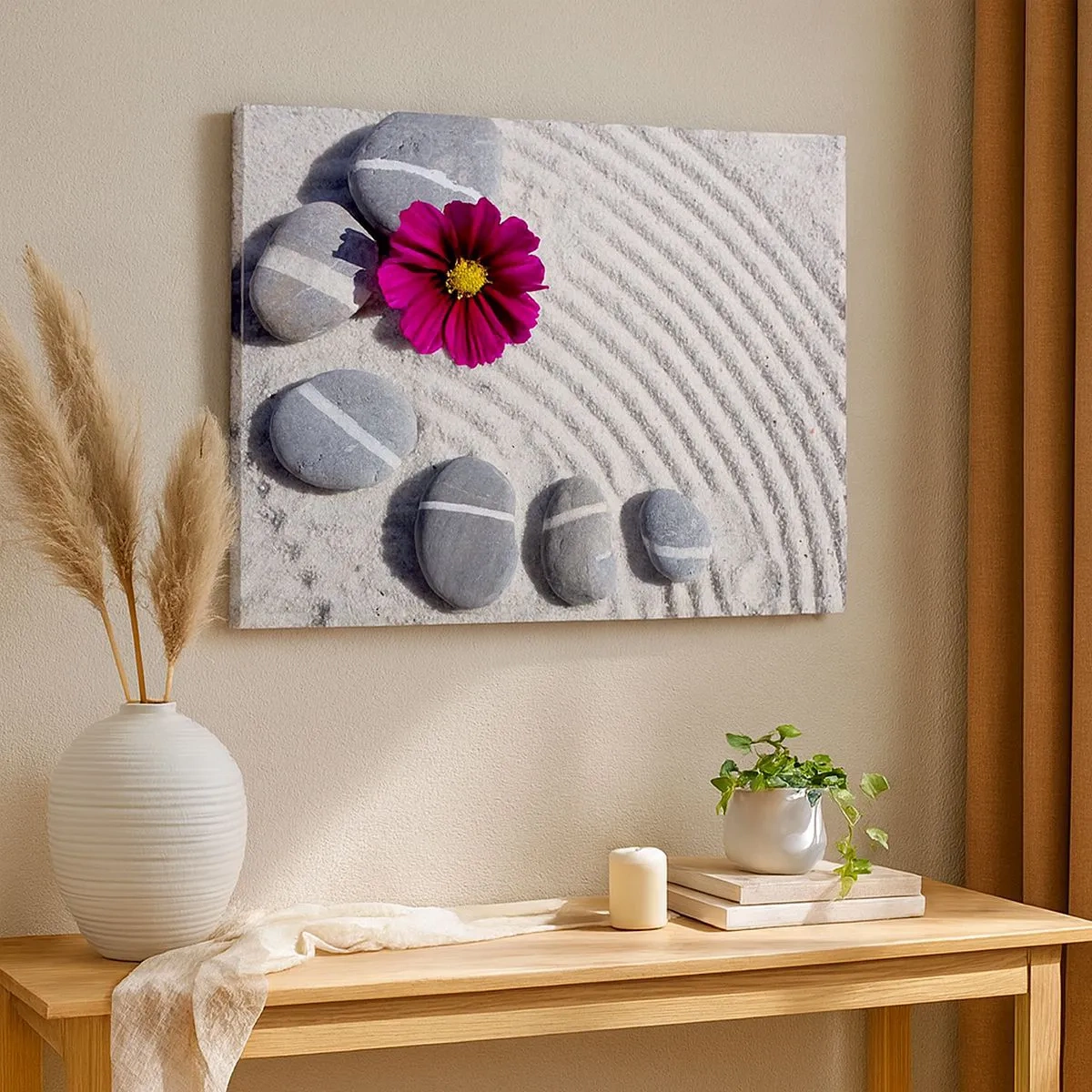 Canvas picture - Stones and a pink flower on the sand in a zen style - 70x50cm - Energy and Tranquillity of the Magic Circle of Nature - Modern wall decoration for the living room and bedroom ARTTOR