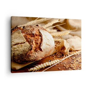 Canvas picture - Crunchy bread with grains and wheat ears on a wooden background - 70x50cm - Tasty, Fragrant, Crunchy - Modern wall decoration for the living room and bedroom ARTTOR