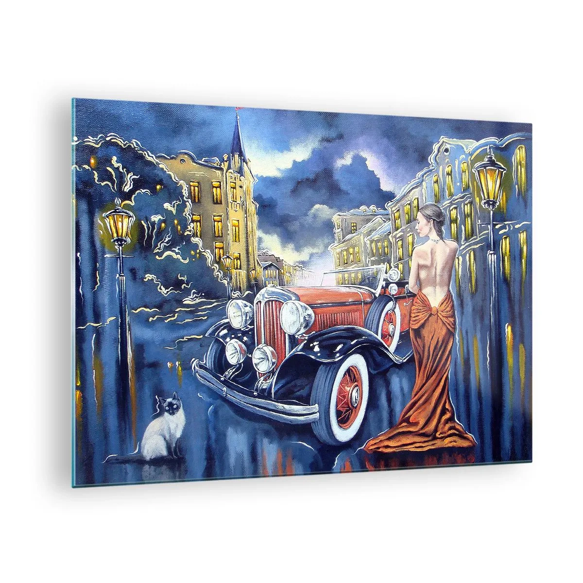Glass picture - A woman in an elegant dress next to a classic car - 70x50cm - Nocturne in Blue and Coral - Modern wall decoration for the living room and bedroom ARTTOR
