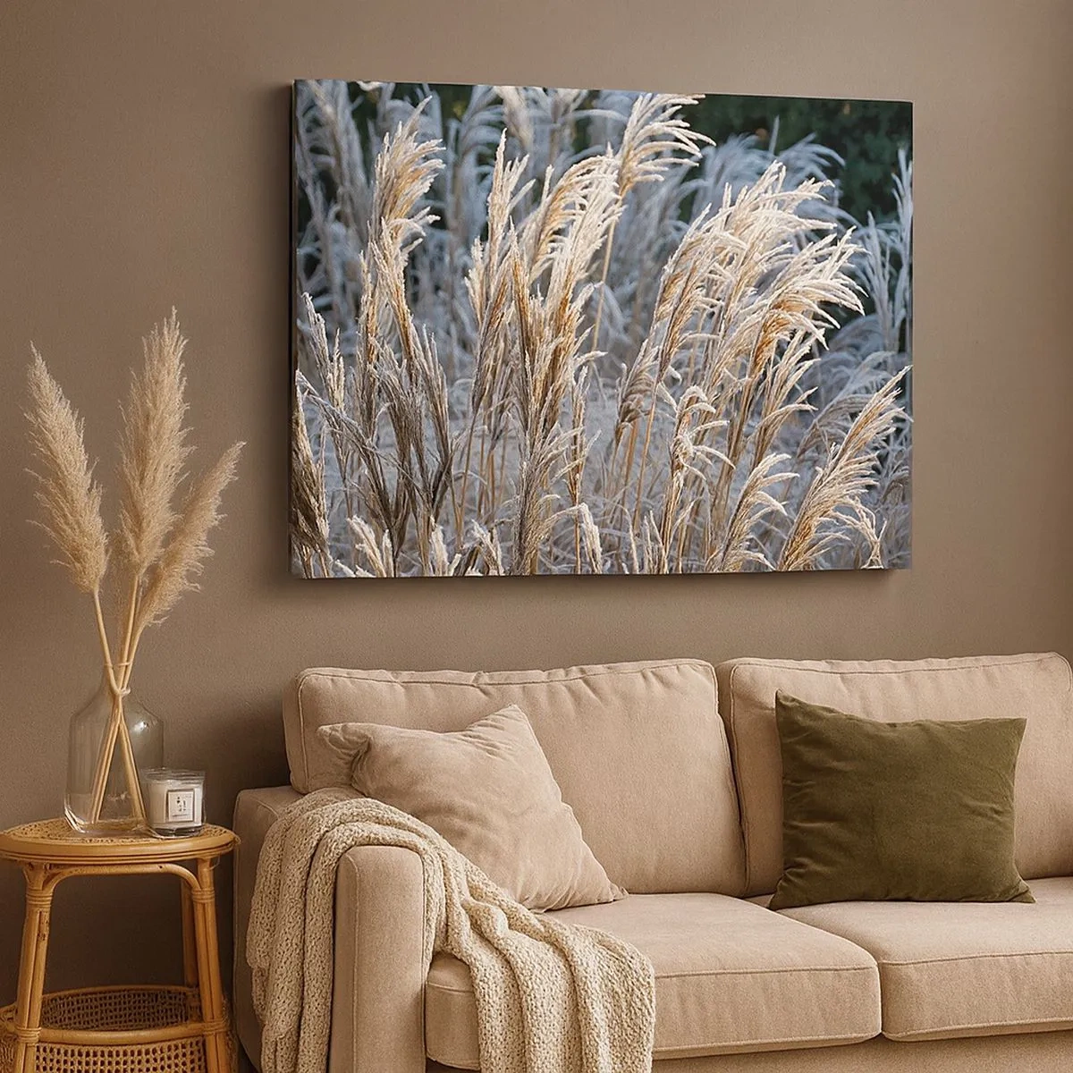 Canvas picture - Winter blades of grass covered with frost against a dark green background - 70x50cm - Decorated with Frost - Modern wall decoration for the living room and bedroom ARTTOR