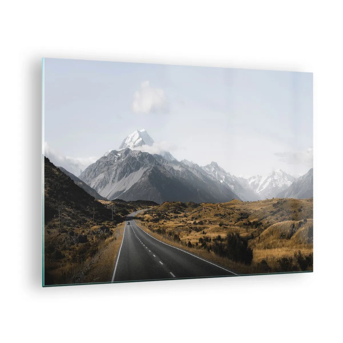 Glass picture - An asphalt road leading towards the snow-capped mountains - 70x50cm - Road to the Heart of the Mountains - Modern wall decoration for the living room and bedroom ARTTOR
