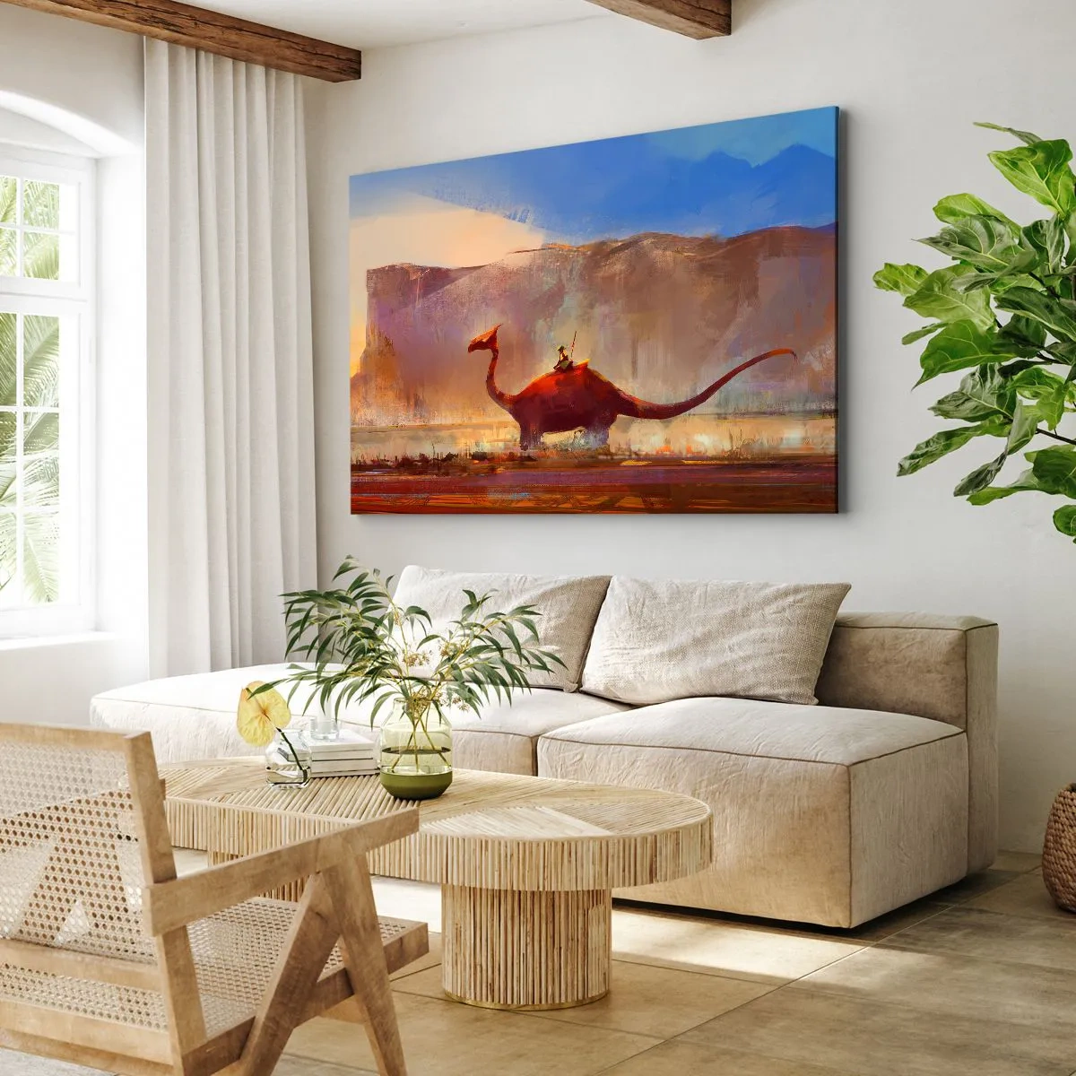Canvas picture - A fantasy scene with a rider on a prehistoric creature - 70x50cm - If They Hadn't Gone Extinct - Modern wall decoration for the living room and bedroom ARTTOR