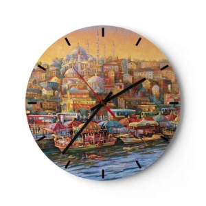 Wall clock - Clock on glass - A colorful panorama of the port with oriental architecture - 30x30cm - Istanbul Story - Modern wall decoration for the living room, kitchen, and bedroom ARTTOR