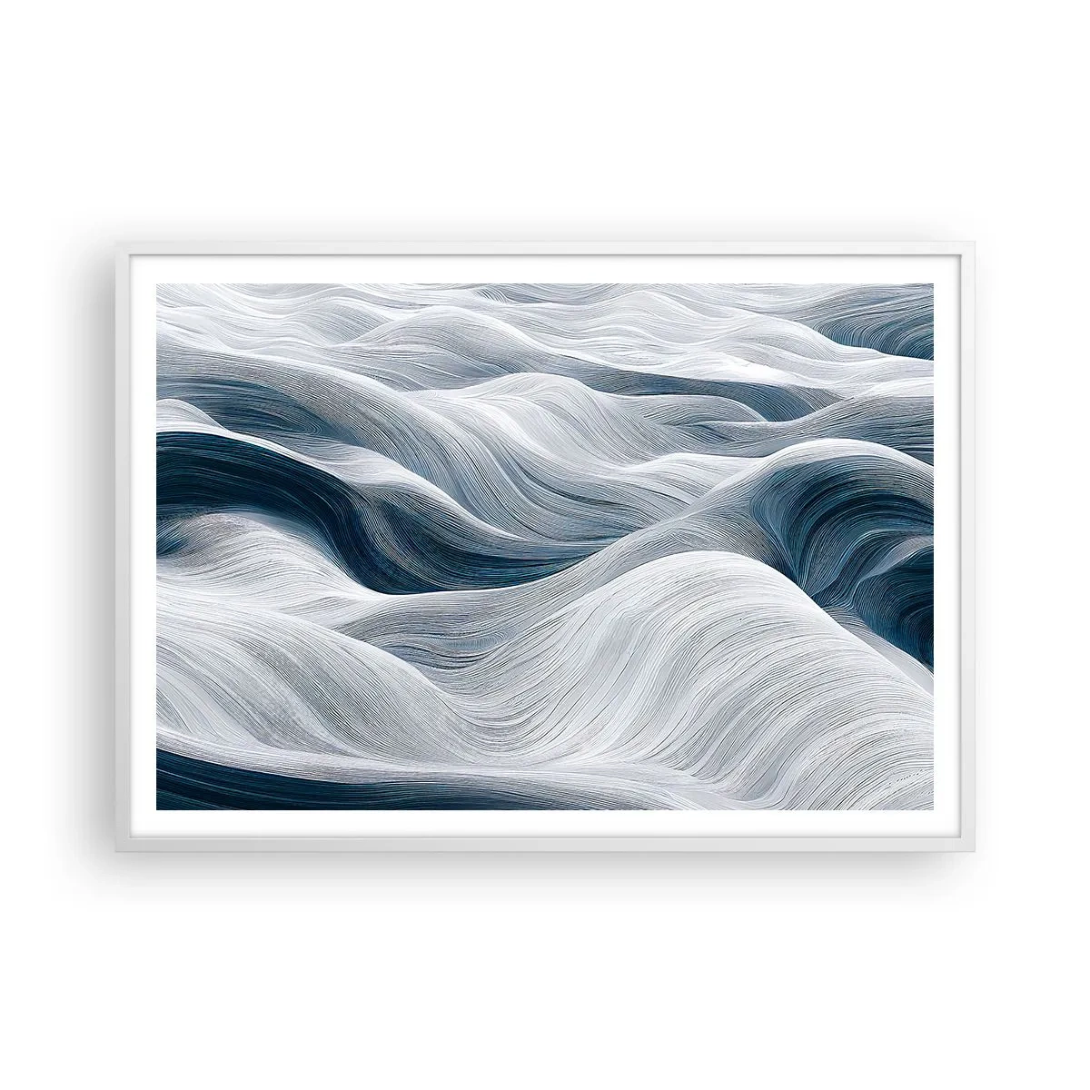 Poster in white frmae - White and Blue Waves - 100x70 cm