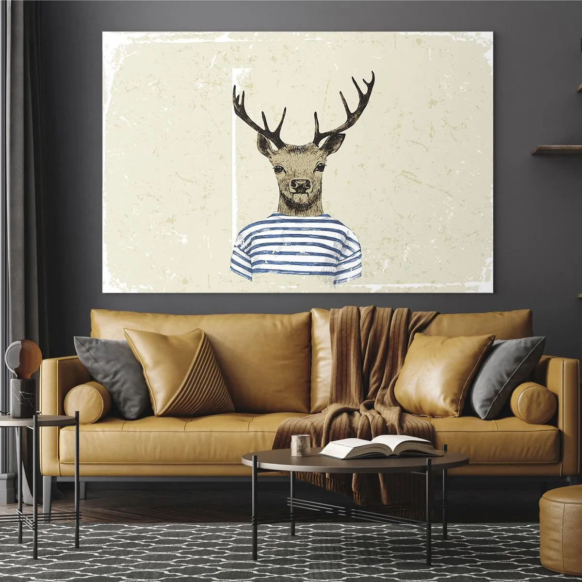 Glass picture - Graphic of a deer in a sailor shirt on a light background - 70x50cm - Becaue I Like Striped T-Shirts - Modern wall decoration for the living room and bedroom ARTTOR