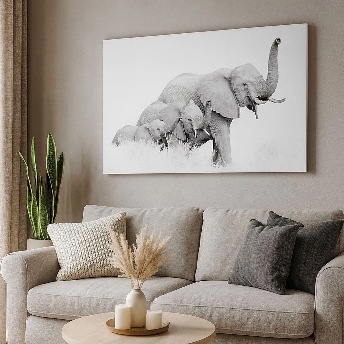 Canvas picture - A family of elephants against an African landscape in black and white. - 70x50cm - One, Two, Three - Modern wall decoration for the living room and bedroom ARTTOR