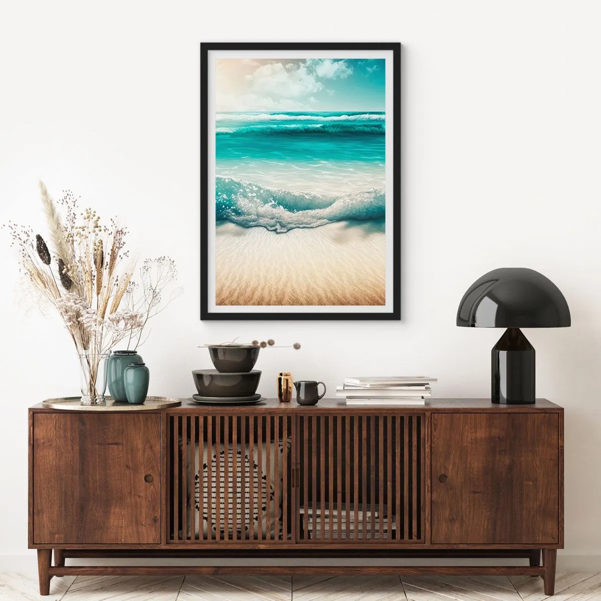 Poster in black frame - Turquoise waves crashing onto the golden sand of the beach - 50x70cm - Calm of the Ocean - Modern wall decoration for the living room and bedroom ARTTOR