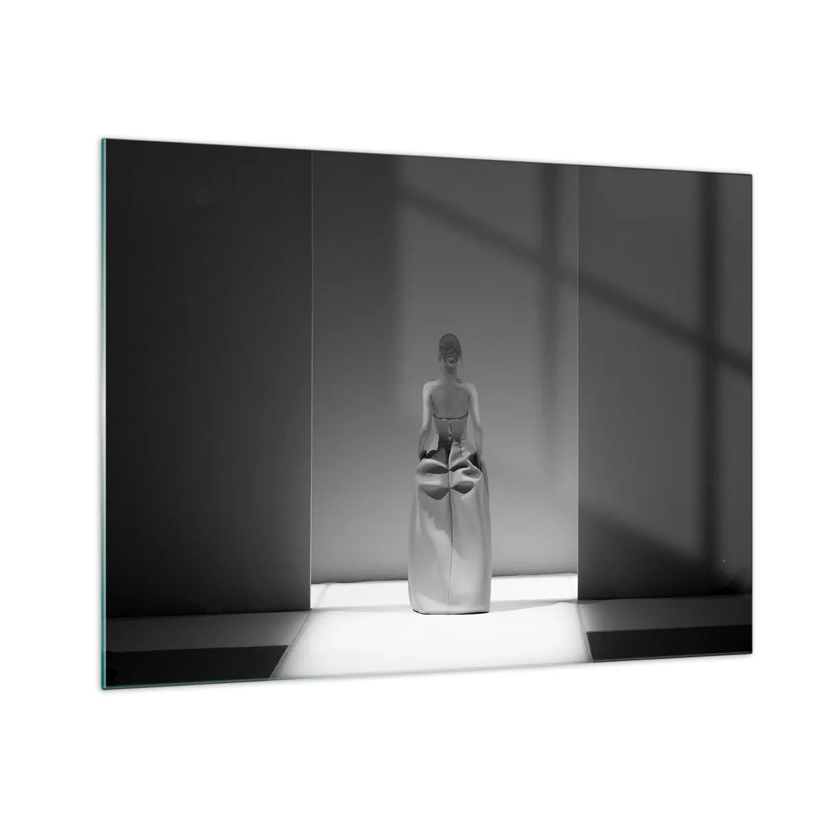 Glass picture - A black and white photo of a woman in a dress against a background of light. - 70x50cm - Refined Simplicity - Modern wall decoration for the living room and bedroom ARTTOR