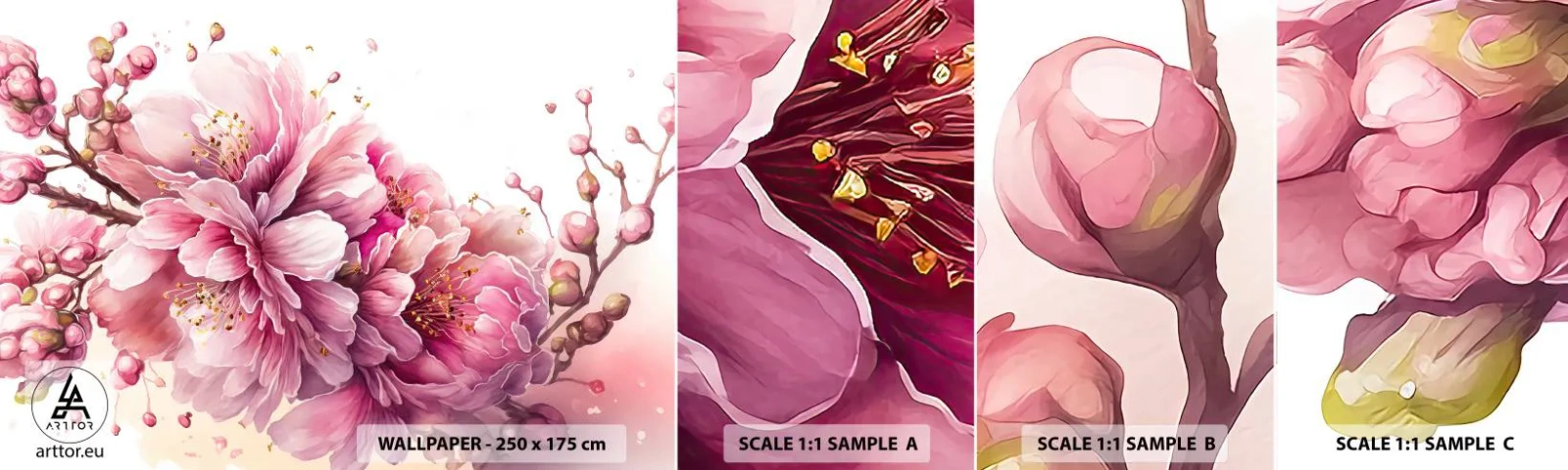 Photo Wallpaper Sample Self-Adhesive Deluxe Sticker - Land of Cherry Blossoms - Blooming, Flower, Watercolor - 100x30 cm