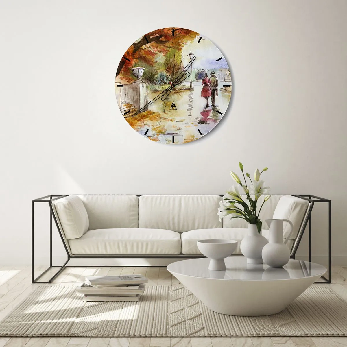 Wall clock - Clock on glass - Romantic Autumn in a Park - 40x40 cm