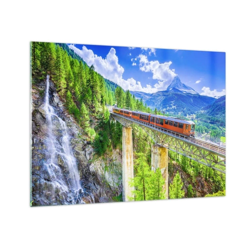 Glass picture - Alpine train on a bridge overlooking a waterfall - 70x50cm - Train Through the Alps - Modern wall decoration for the living room and bedroom ARTTOR