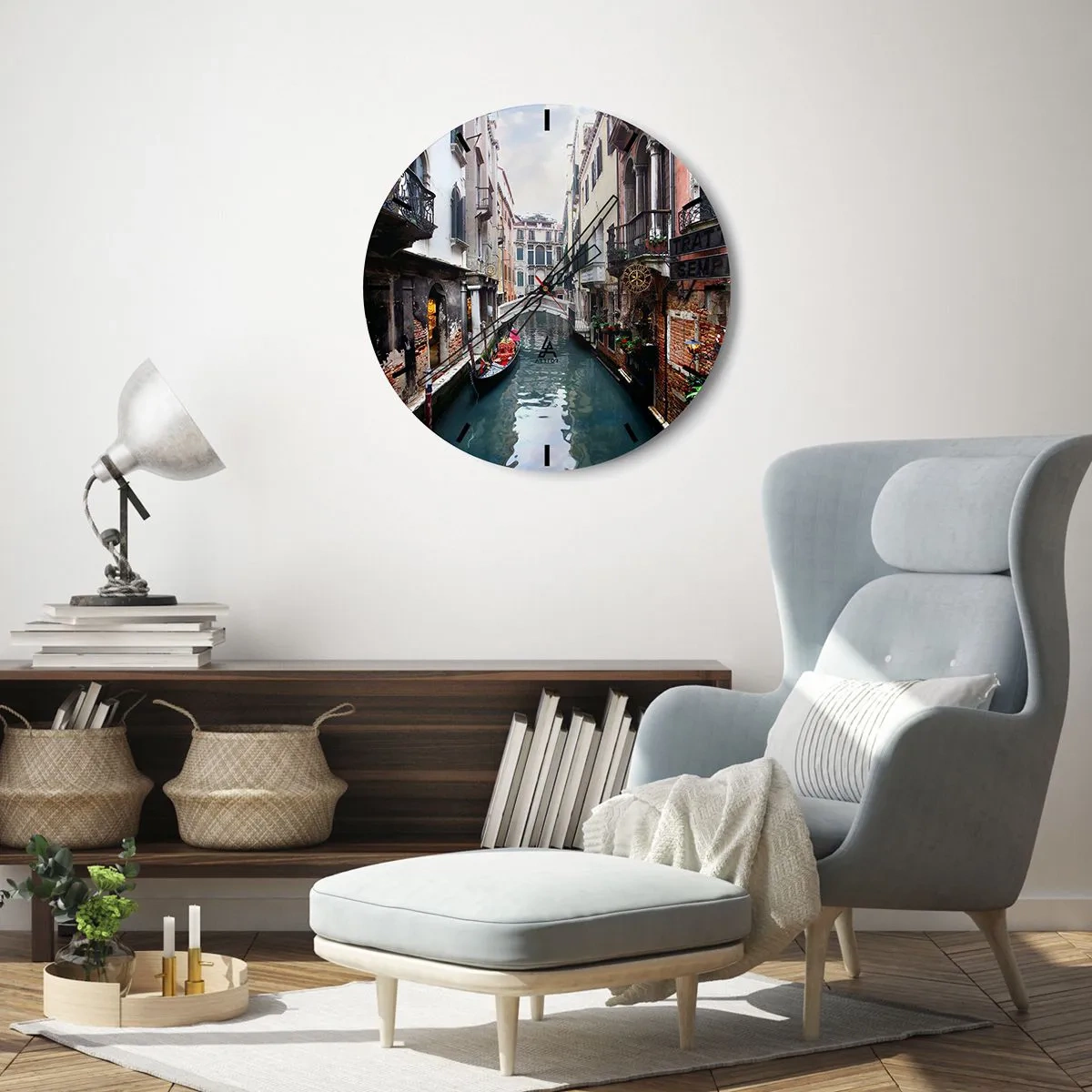 Wall clock - Clock on glass - A Venetian canal with a gondola among the tenement houses - 30x30cm - Venetian View with a Gondola and a Bridge - Modern wall decoration for the living room, kitchen, and bedroom ARTTOR