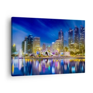 Canvas picture - Night panorama of the city with lights reflected on the water - 70x50cm - Rainbow Night of a Metropolis - Modern wall decoration for the living room and bedroom ARTTOR