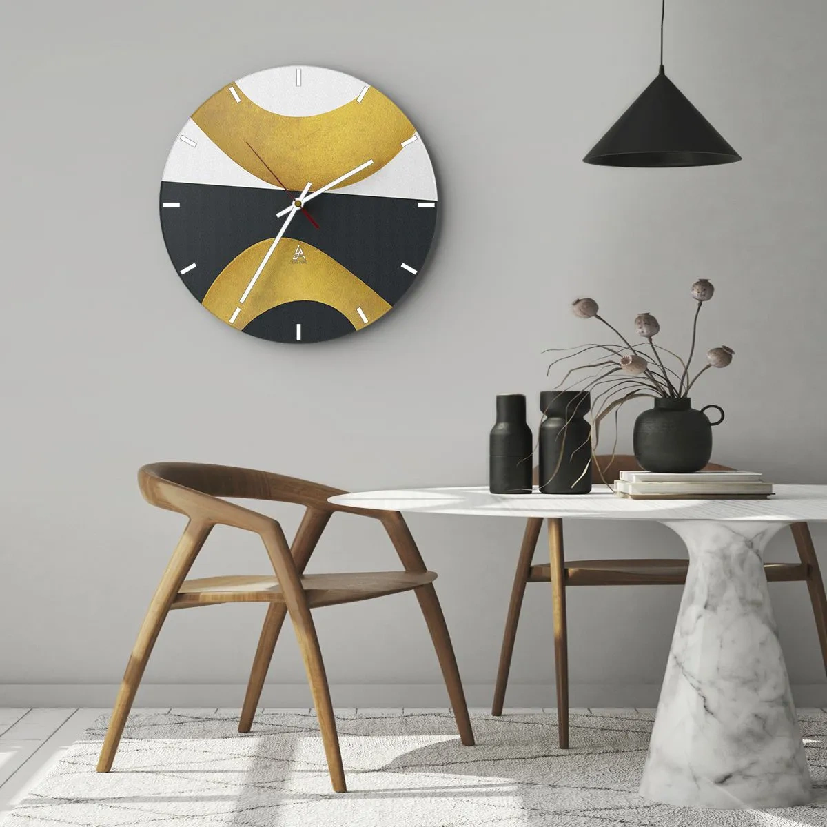 Wall clock - Clock on glass - Abstract golden shapes on a black and white background - 30x30cm - First Of All: Gold - Modern wall decoration for the living room, kitchen, and bedroom ARTTOR