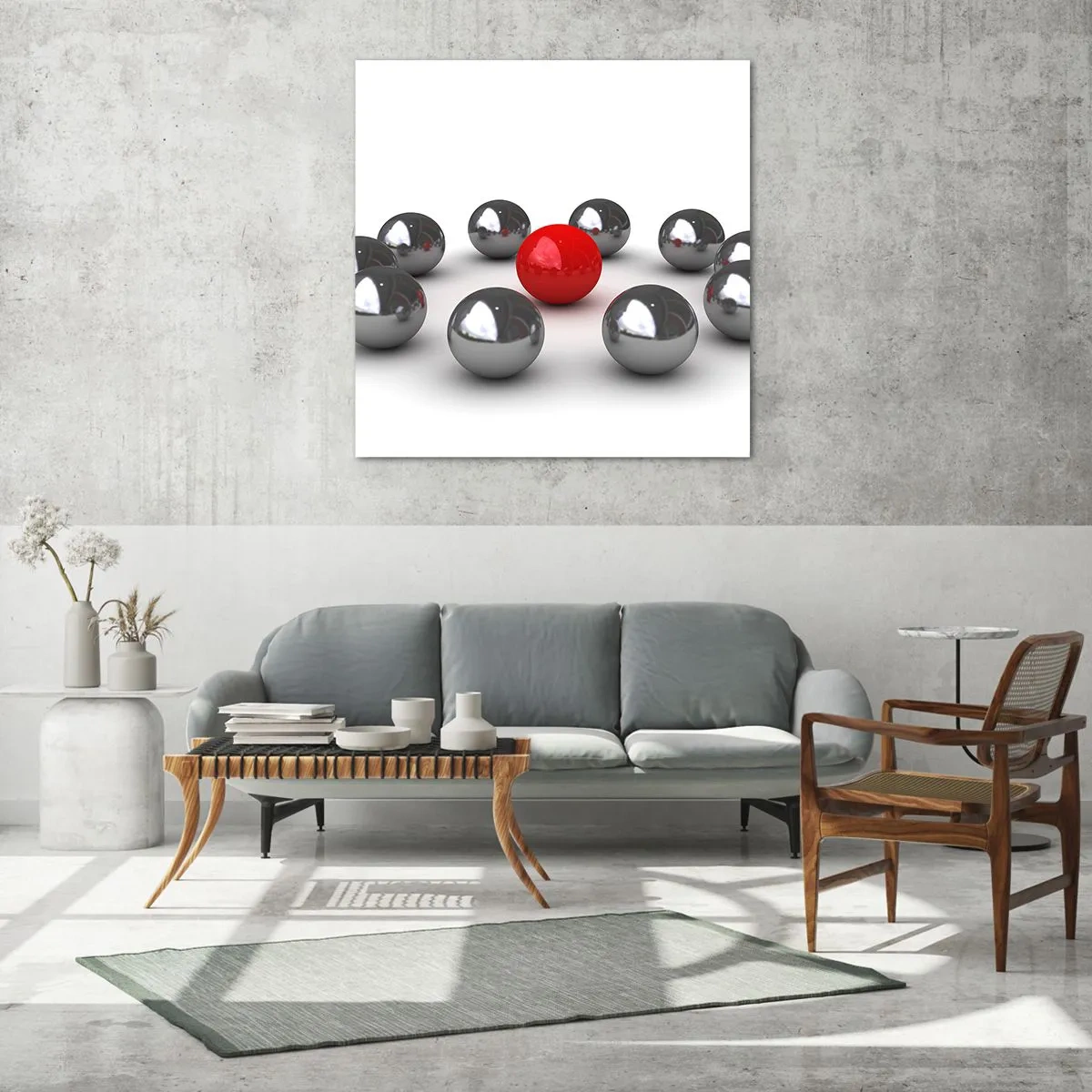 Glass picture - Circle in Silver and Red - 70x70 cm