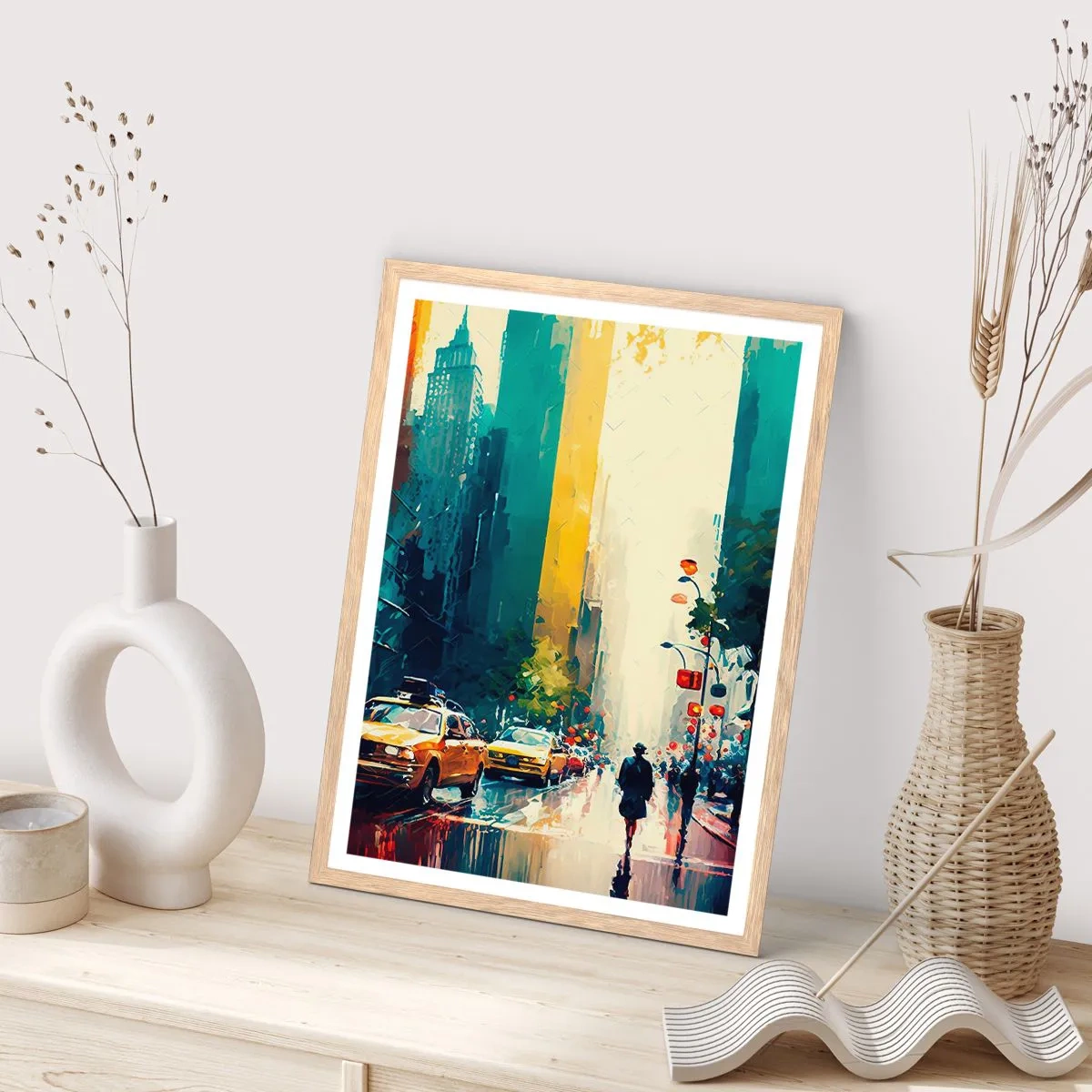Poster in light oak frame - New York - Even Rain Is Colourful - 50x70 cm