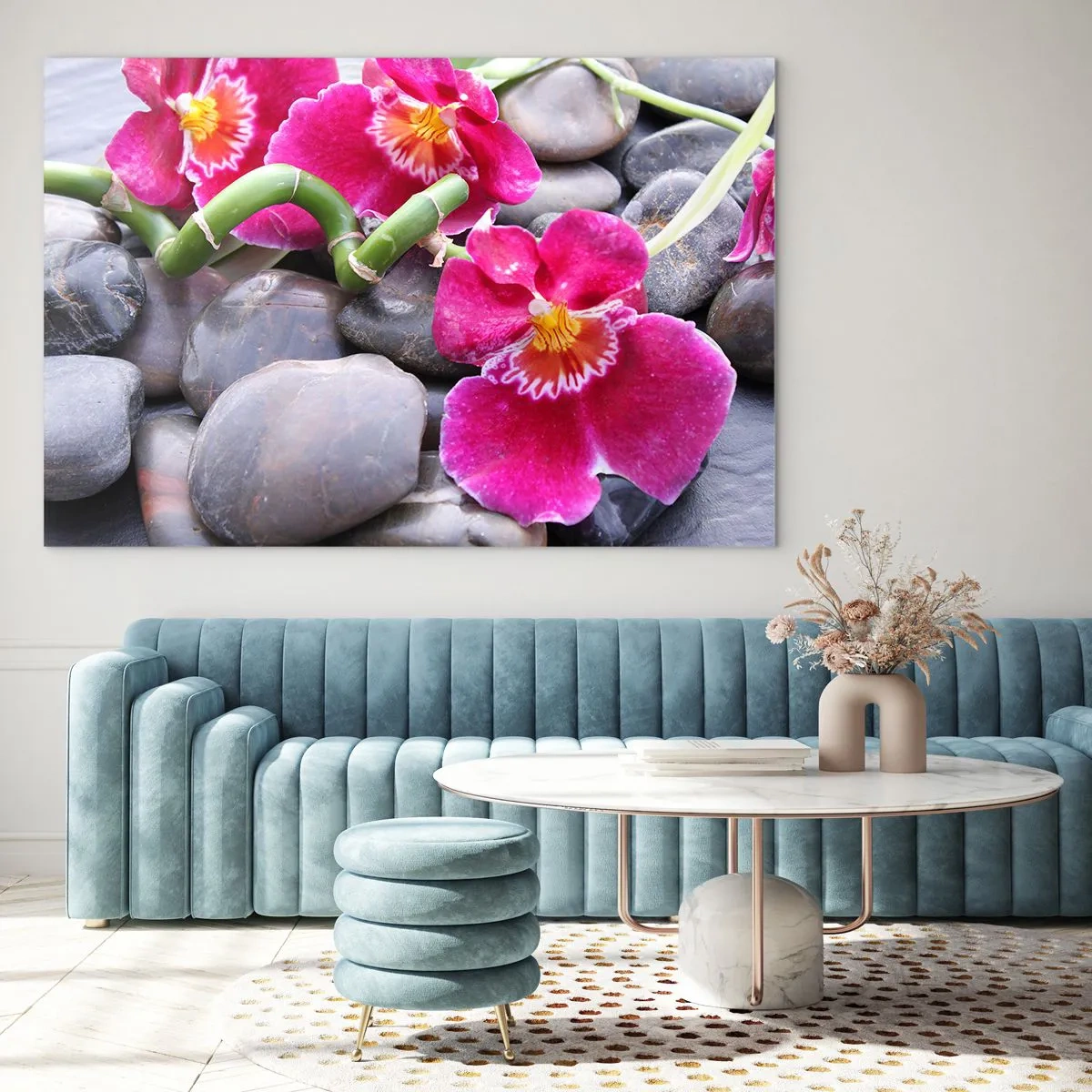 Glass picture - Pink orchids with bamboo on stones - 70x50cm - Coolness and Heat - Modern wall decoration for the living room and bedroom ARTTOR