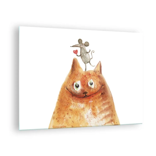 Glass picture - A cat with a mouse on its head in a humorous style - 70x50cm - Love Paradoxes - Modern wall decoration for the living room and bedroom ARTTOR