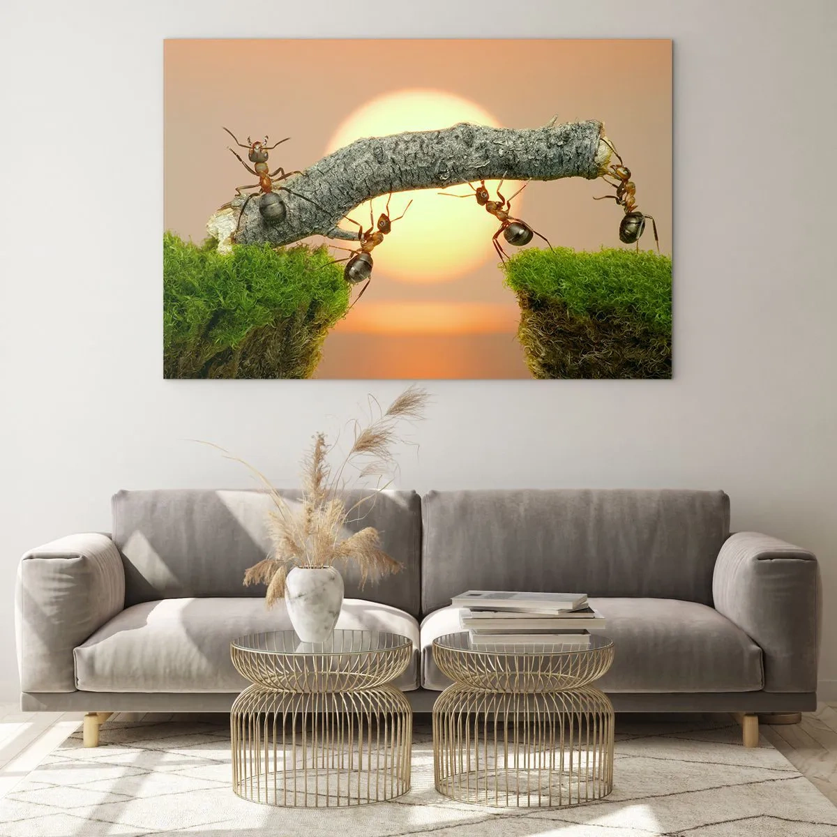 Glass picture - Ants building a bridge at sunset - 70x50cm - Joyful, Mutual Work - Modern wall decoration for the living room and bedroom ARTTOR