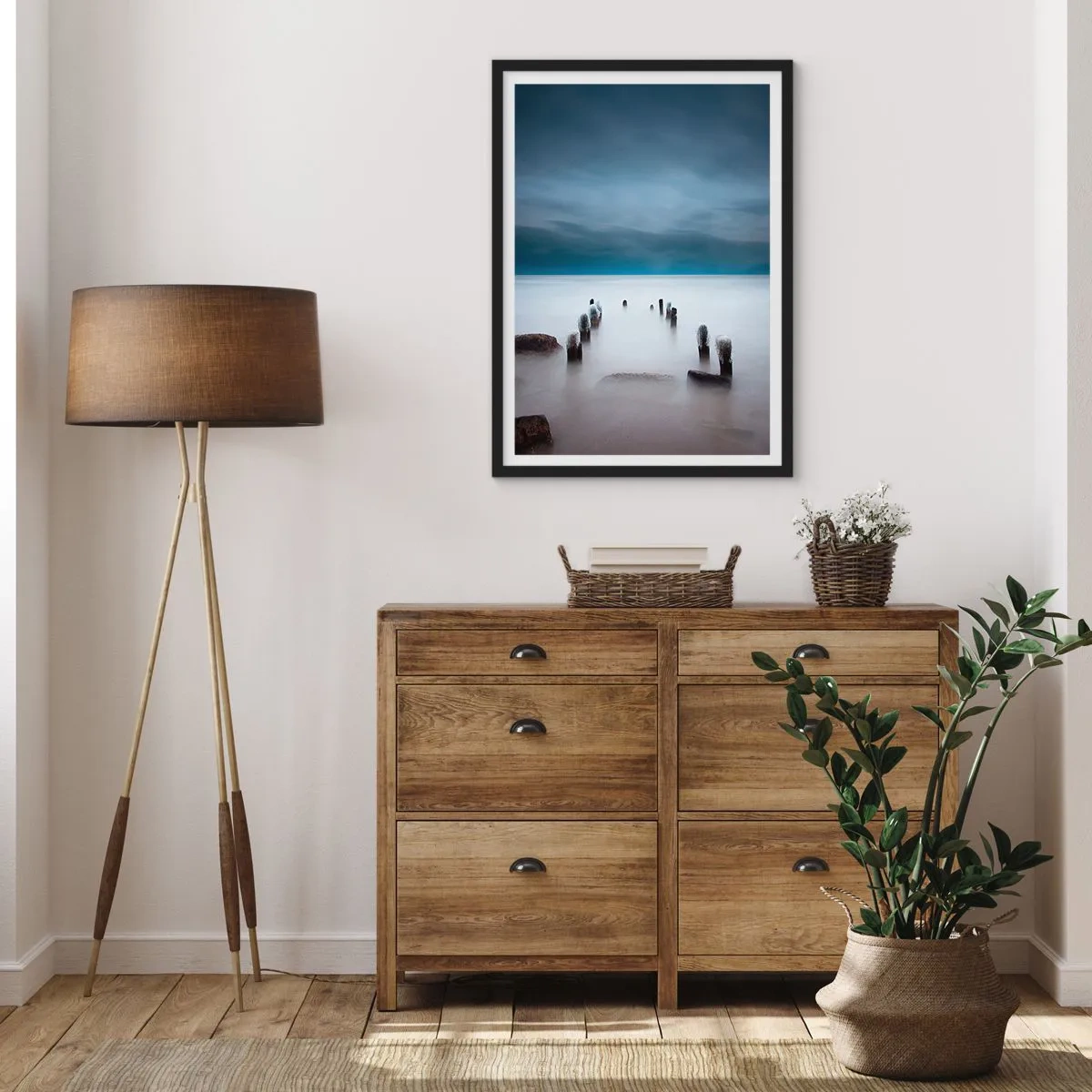 Poster in black frame - A moody view of wooden pilings in the water - 50x70cm - Pensive Lake - Modern wall decoration for the living room and bedroom ARTTOR