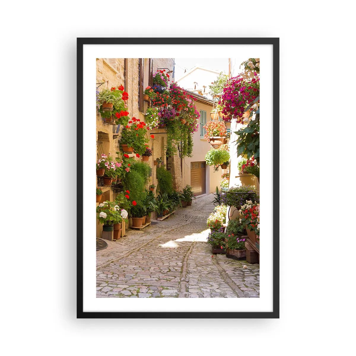 Poster in black frame - A flowery street with stone pavement and flowerpots - 50x70cm - Flood of Flowers - Modern wall decoration for the living room and bedroom ARTTOR