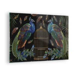 Glass picture - Colorful peacocks and a cage on a black background - 70x50cm - In Royal Robes - Modern wall decoration for the living room and bedroom ARTTOR