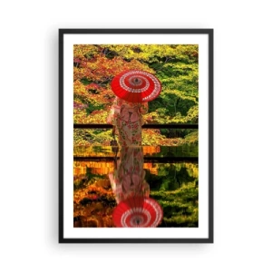 Poster in black frame - A woman in a kimono with a red umbrella against a background of autumn leaves. - 50x70cm - In a Temple of Nature - Modern wall decoration for the living room and bedroom ARTTOR