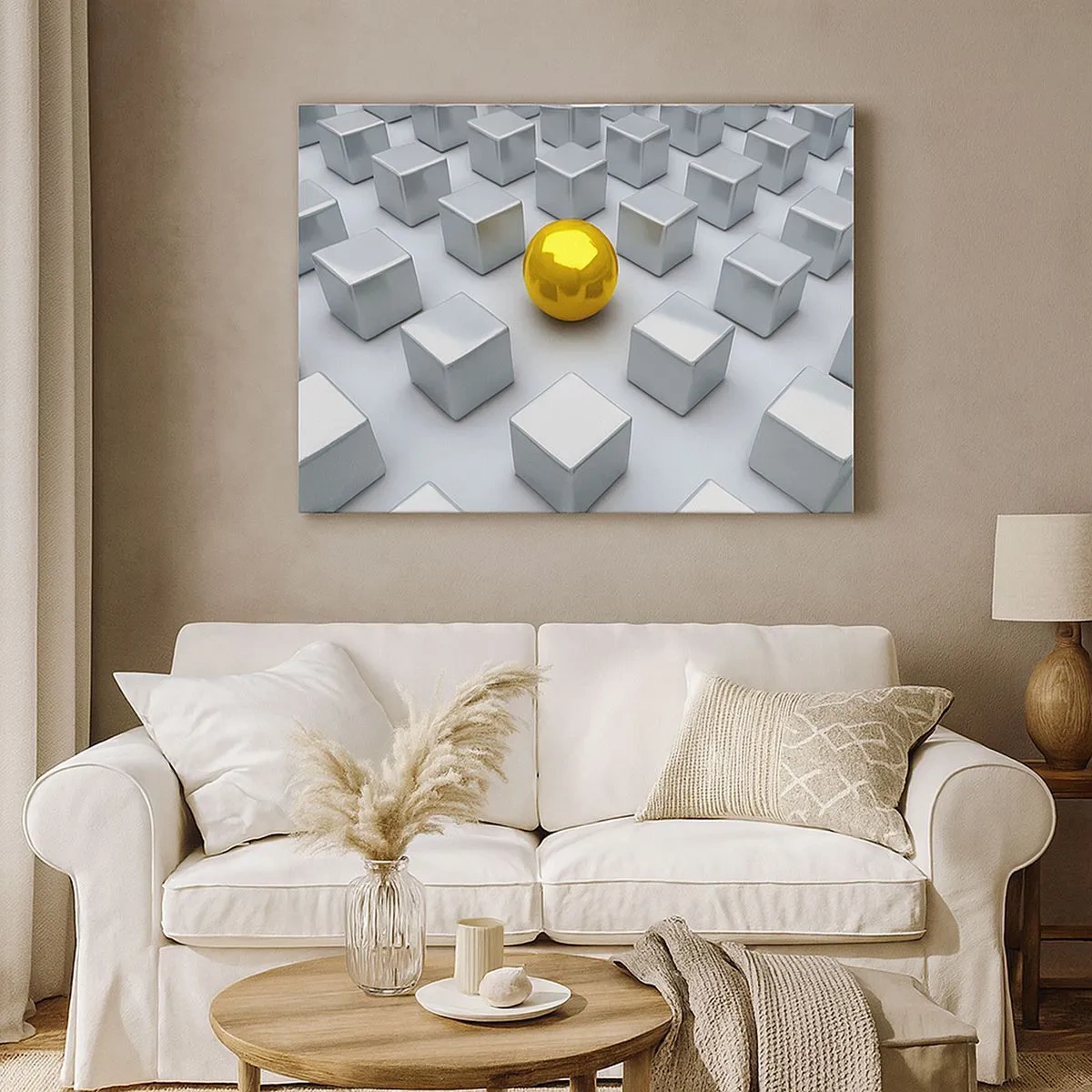 Canvas picture - A golden sphere standing out among the silver cubes - 70x50cm - Why Me? Geometric Composition. - Modern wall decoration for the living room and bedroom ARTTOR