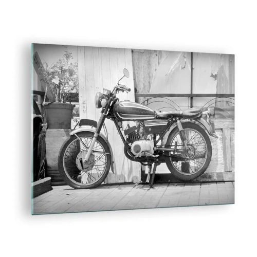 Glass picture - A retro-style motorcycle standing against a wooden wall - 70x50cm - Classics above All - Modern wall decoration for the living room and bedroom ARTTOR